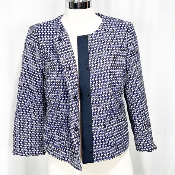 J. Crew Blue and White Silk Blend Tweed Blazer Jacket w Gold Threads Size 4 - Picture 12 of 12